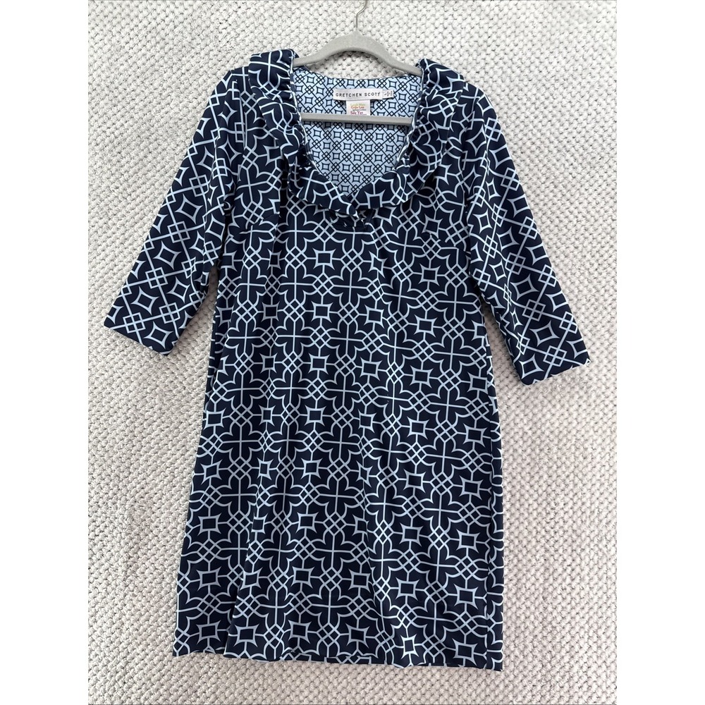 Gretchen Scott Sheath Dress Womens L Blue Ruffle V-Neck Preppy